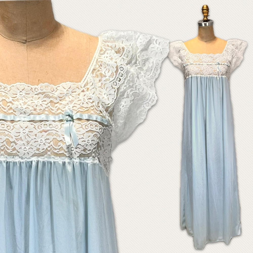 VINTAGE 70s lace nightgown long maxi gown lace ruffle flutter sleeves pastel 80s